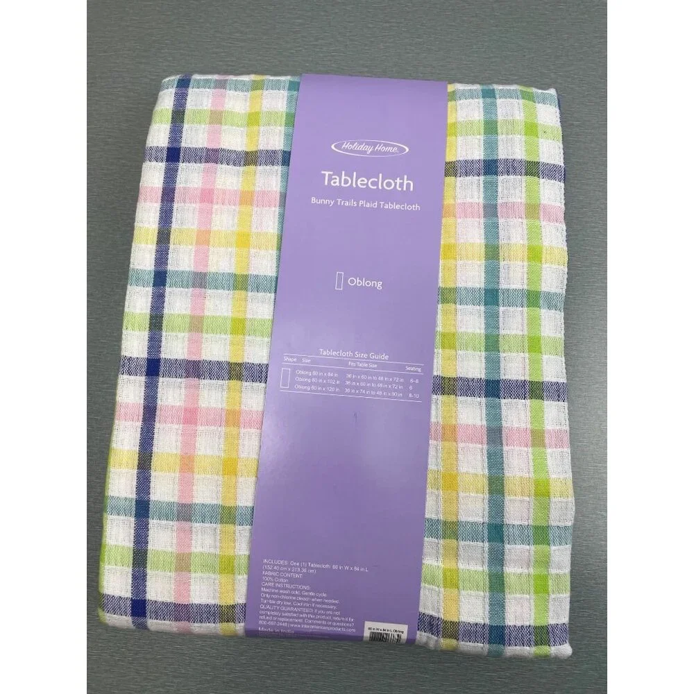 HOLIDAY HOME Spring Easter Cotton Yellow Pink Plaid Tablecloth OBLONG 60''X8